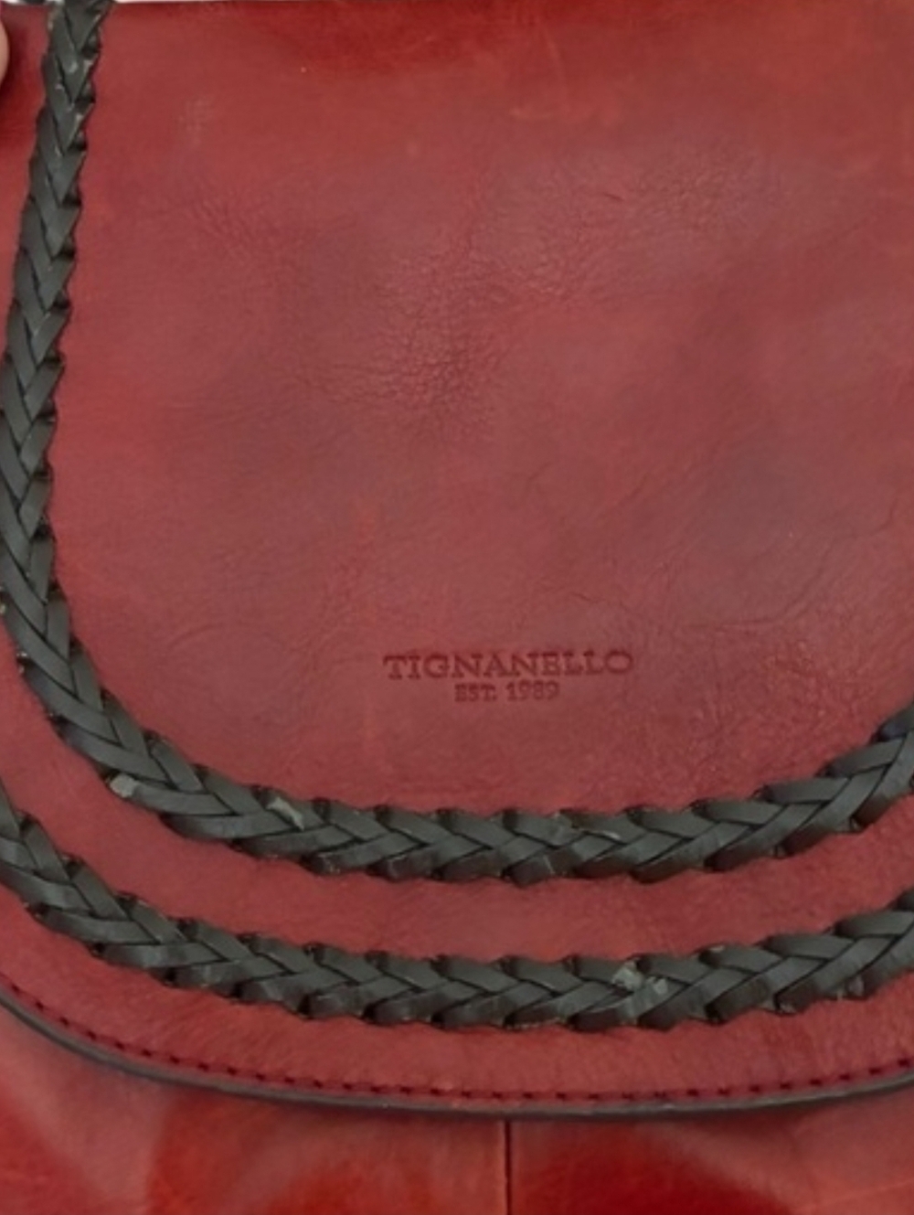 TIGNANELLO SADDLEBAG STYLE RED LEATHER CROSSBODY W/ Braided Accent